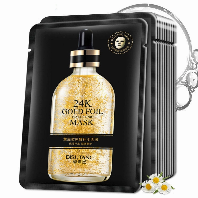 Gold Foil Mask Hyaluronic Acid Facial Mask Moisturizing 10pcs. Box